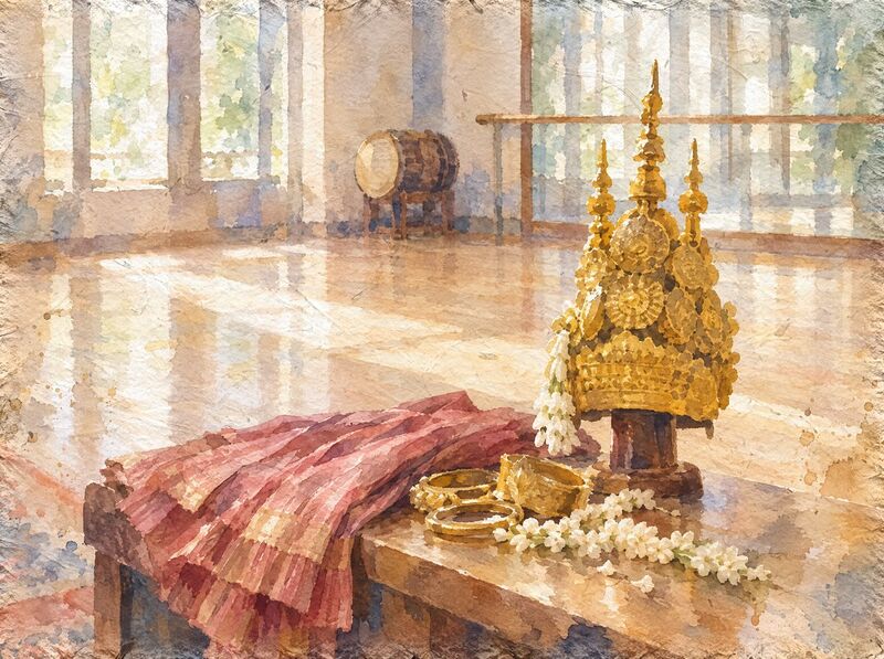 A gold three-spired dance crown, pleated rose silk, gold armlets and jasmine on a bench in a sunlit practice room.