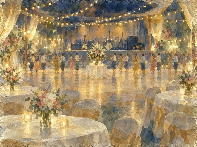 A night party hall with string lights, a ring of dancers with raised hands around a flower table, and a band stage.