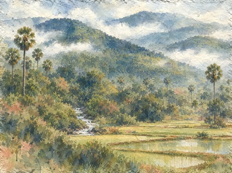 Green forested hills under low drifting cloud, a small stream running down from the forest edge into rice paddies, with tall sugar palms beside the fields