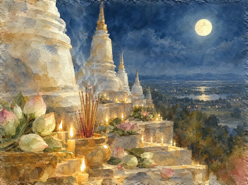 Candles, lotus buds and incense on the steps of a hilltop stupa under a full moon