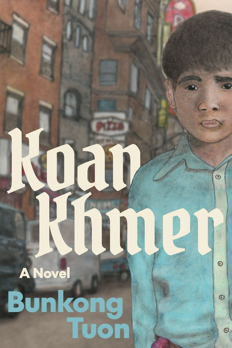 Painted book cover of a boy in a blue shirt on a city street, title in large cream letters on the left.