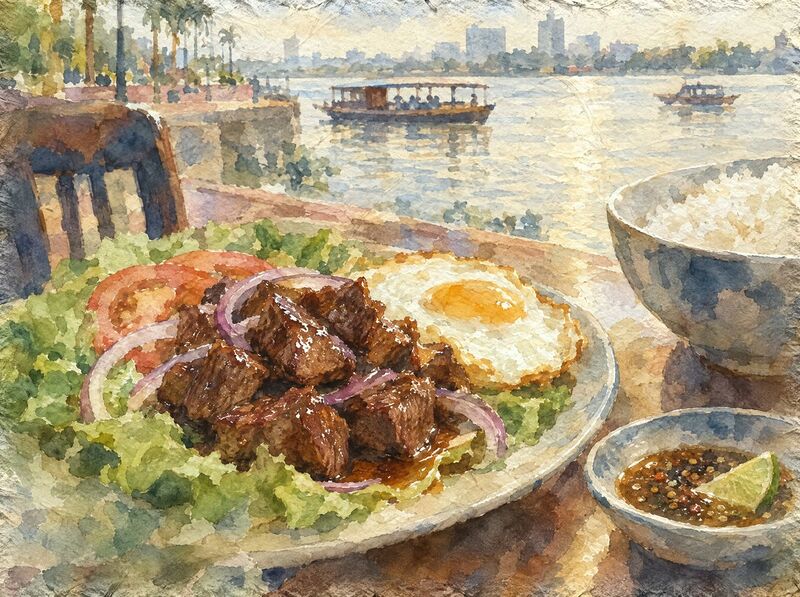 Seared beef cubes and a fried egg on lettuce and tomato, with rice and a pepper-lime dip beside a river