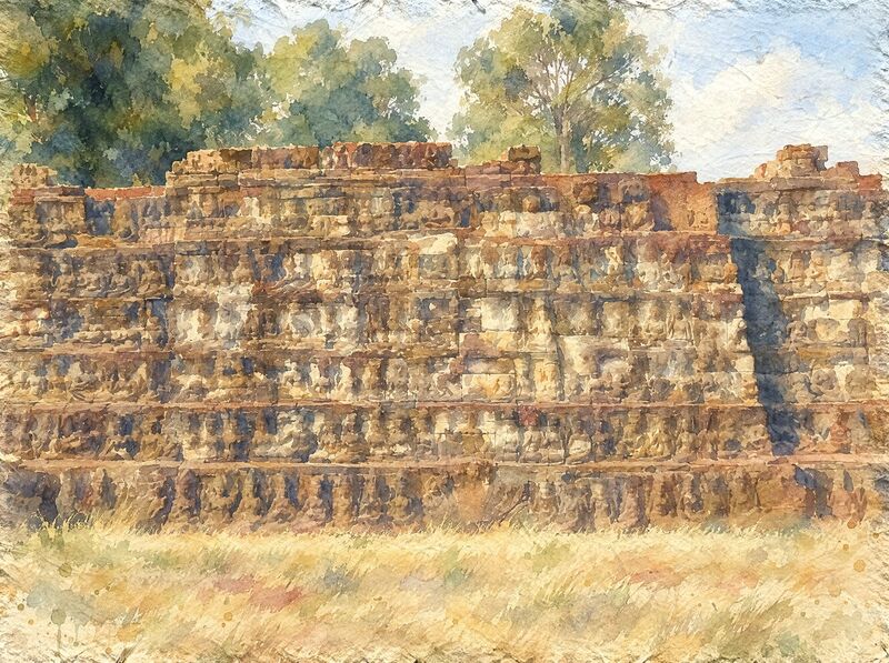 A long, tall stone terrace wall covered in rows of small carved figures, across a dry grassy square