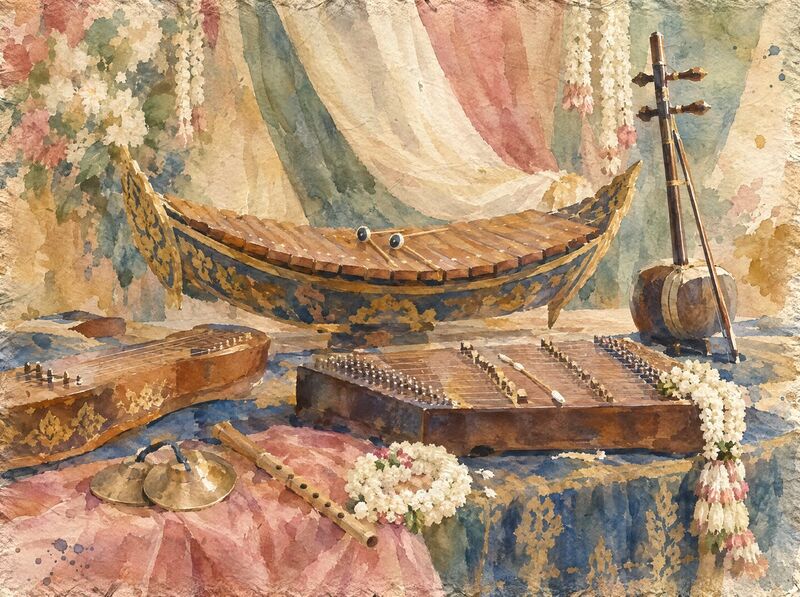 Mohaori instruments, a roneat xylophone, a tro fiddle and a khim, on a decorated stage