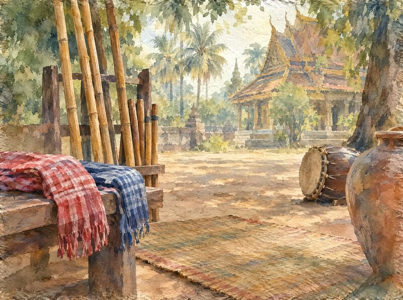Bokator training ground with krama sashes, bamboo staffs and a drum under trees