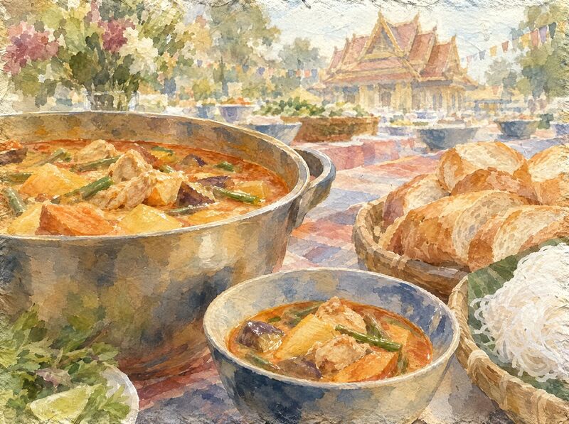 Chicken curry with potatoes and long beans in a pot and a bowl, with bread and rice noodles, a temple behind