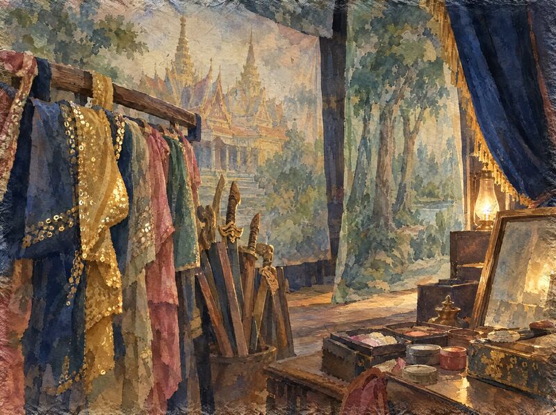 Painted backdrops, costumes and swords backstage at a folk theater