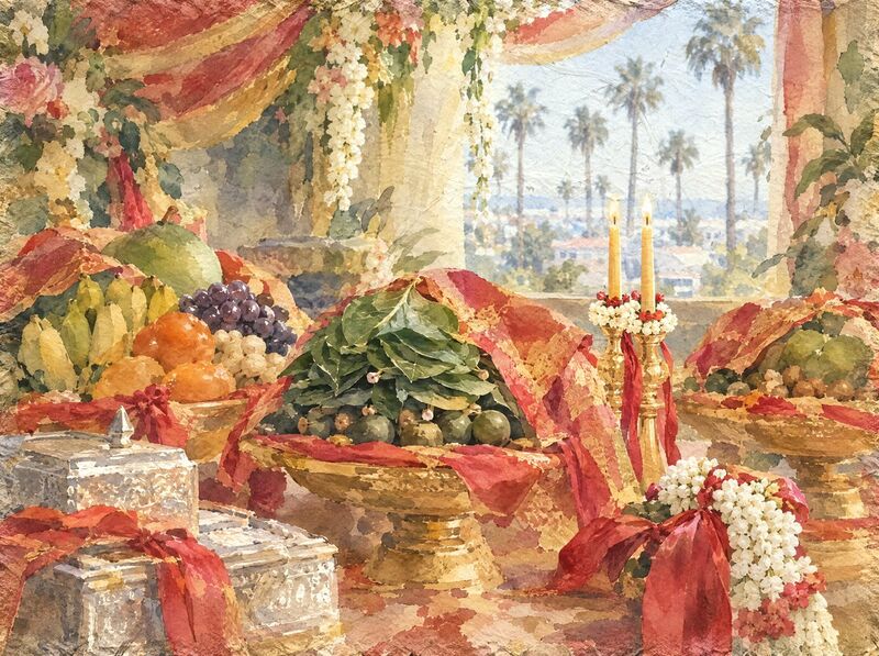 Wedding fruit trays, betel offerings and silk ribbons set out for a Khmer wedding