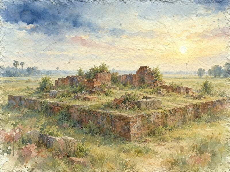 A low ruin of red-brown brick walls overgrown with shrubs on a square brick-edged platform, with a few fallen sandstone blocks carved with floral patterns, set in flat rice-field lowland under a soft morning sky