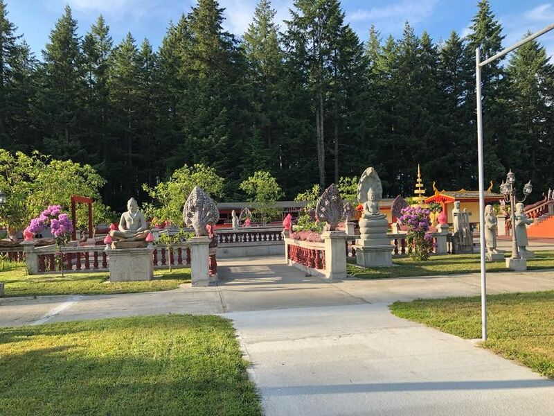A garden of stone Buddha and naga statues with flowering shrubs along a path, tall firs behind.