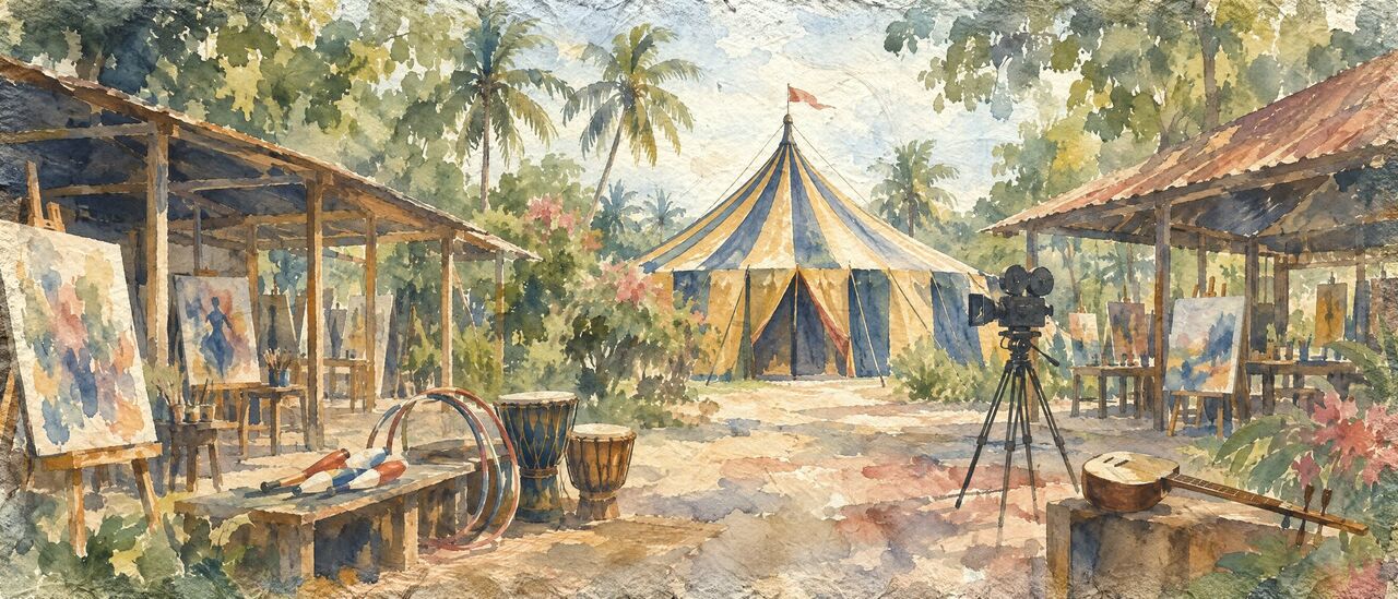 Watercolor of an artist studio with an easel, a film camera, a chapei lute and a typewriter