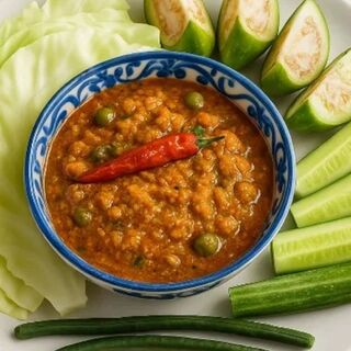 A bowl of orange dip topped with a red chili, surrounded by cabbage, cucumber, eggplant and long beans.