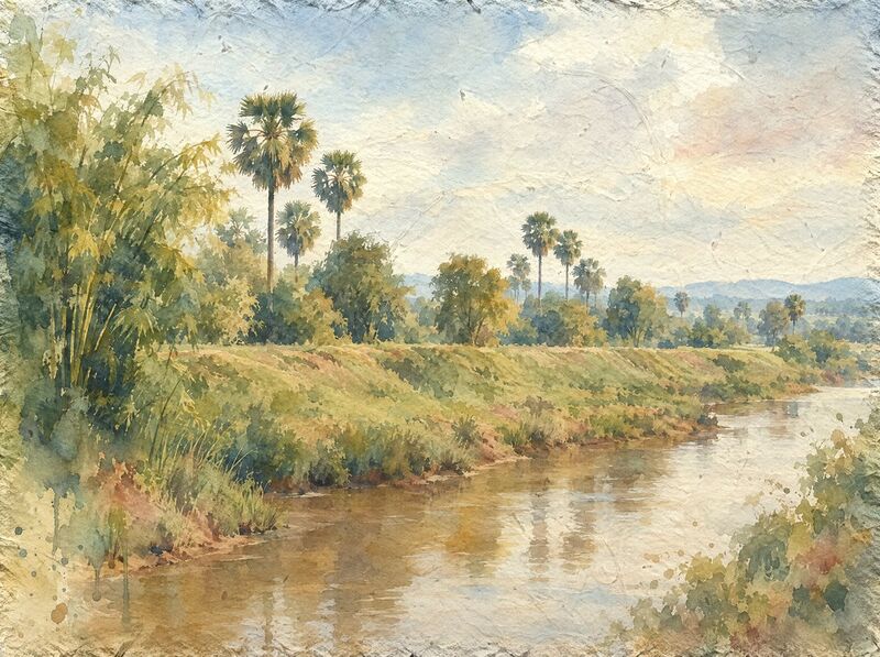 A grassy, wooded bank above a slow brown river, with bamboo, sugar palms and low blue hills on the horizon