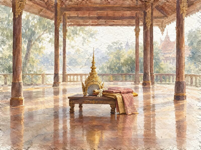 An open wooden pavilion with a polished floor and slender carved columns in morning light, with a gold dance crown and folded silk costume cloths on a low stand at the centre and no people