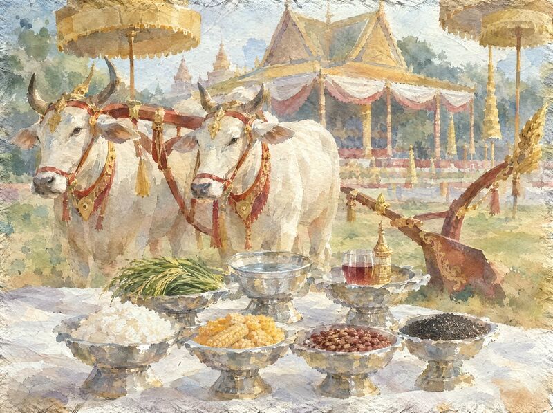 Decorated oxen beside trays of rice, beans, corn, grass, sesame, water and wine