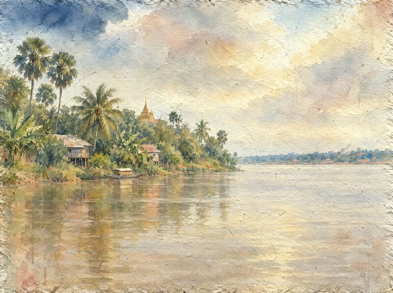 A wide, calm brown river, with stilt houses, a small boat and palms on the near bank and a wat roof above the trees