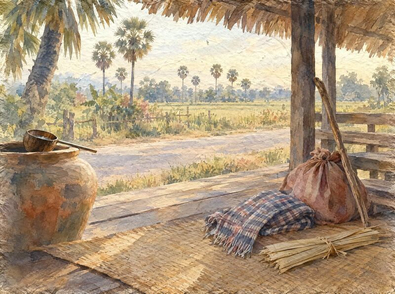 Watercolor of an open wooden rest hall with a reed mat, a checked cloth, a bundle and walking stick and a water jar, facing a country road and rice field.