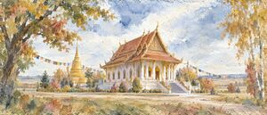 A white Cambodian-style temple with a tiered red roof and a gold stupa beside it, among autumn trees under strings of flags