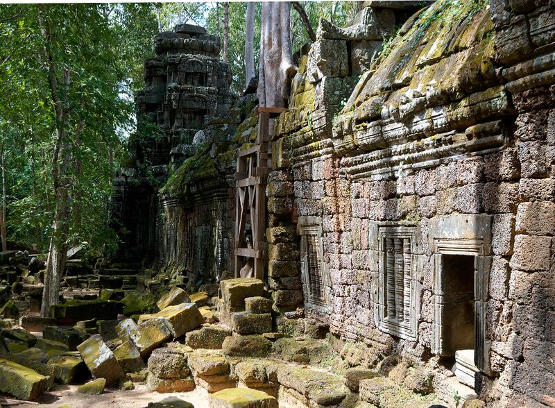 Mossy sandstone galleries and a tower among tall forest trees, with fallen blocks on the ground.