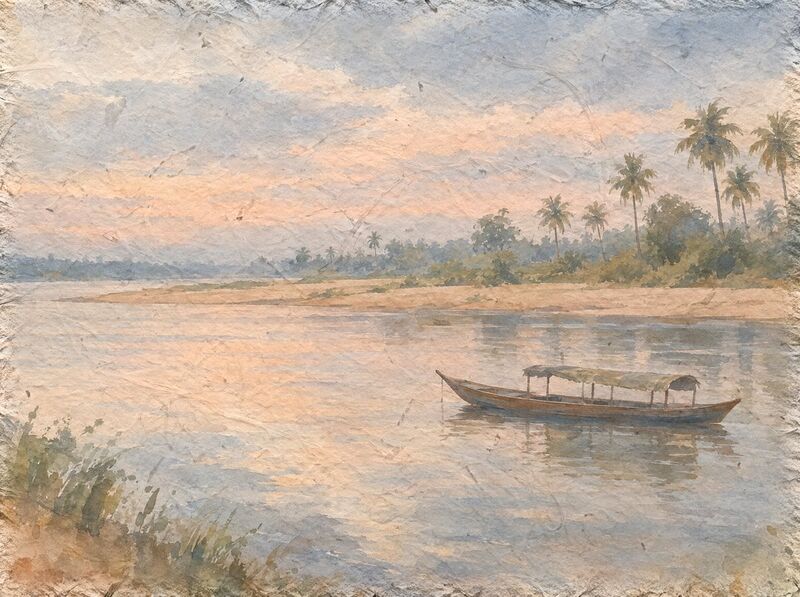 An empty wooden boat with a small awning on a wide river, a sandbank and palms on the far bank.