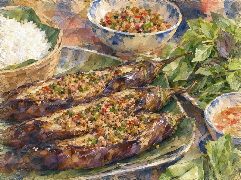 Grilled eggplants topped with minced pork, with rice, fresh herbs and a dipping sauce on banana leaves