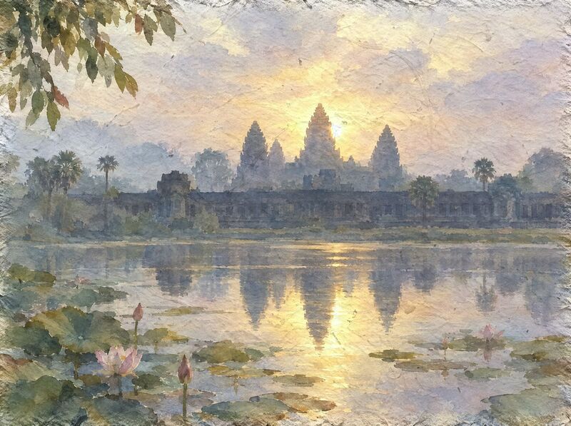 Watercolor of the towers of Angkor Wat at sunrise, reflected in the still moat among water lilies.