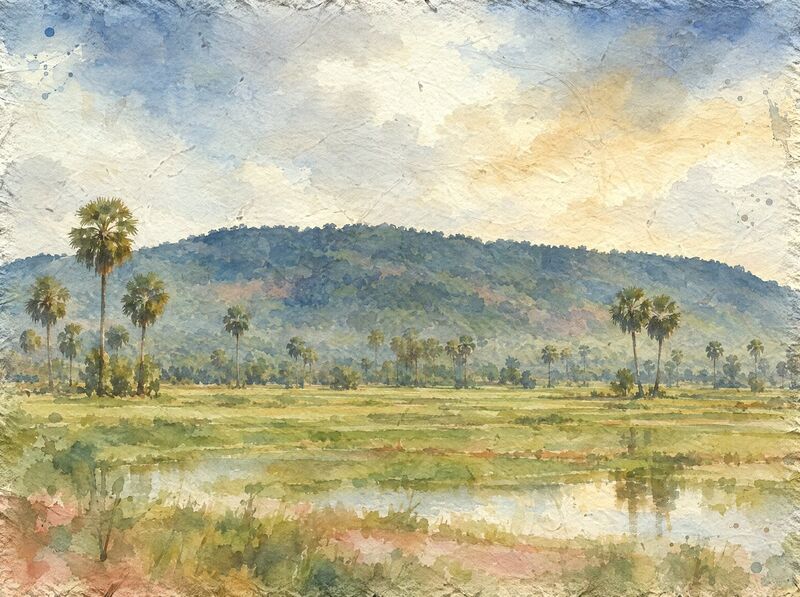 A long, low forested ridge behind flat rice fields and scattered sugar palms