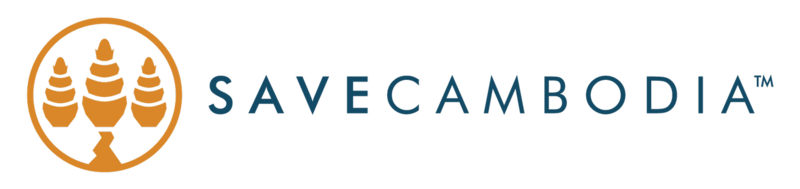 A round emblem of three temple towers beside the words Save Cambodia on a green background.