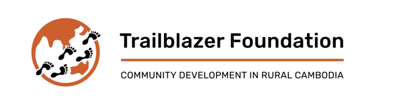 Orange circular globe with black footprints beside the words Trailblazer Foundation, Community development in rural Cambodia.