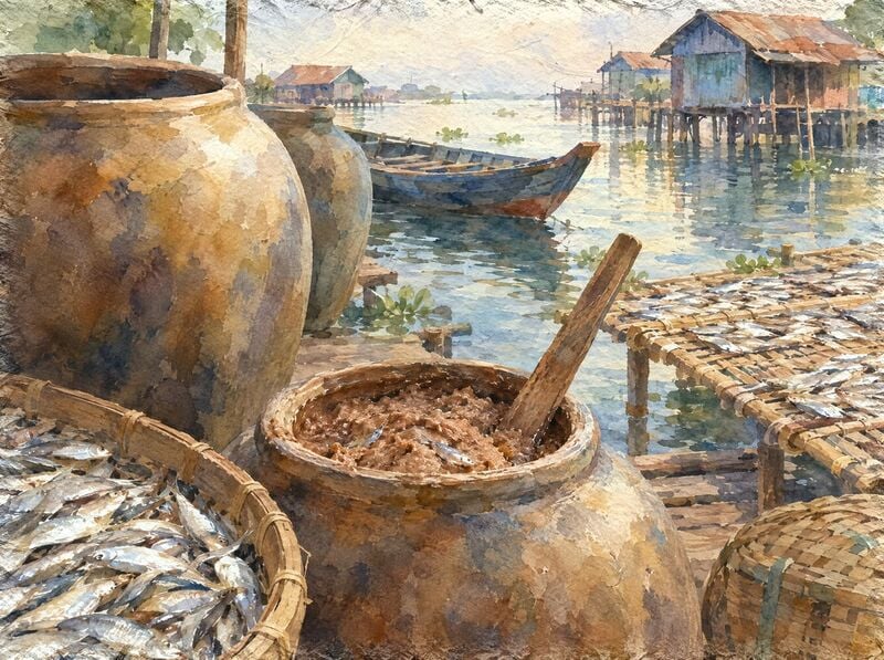 Clay jars of prahok, baskets of small fish and drying racks by a floating village