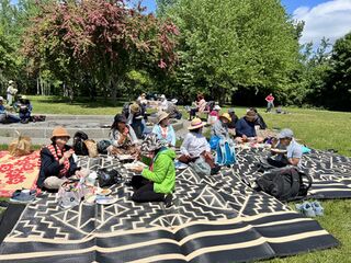 People sit on patterned mats on a lawn in a park, sharing food under trees.