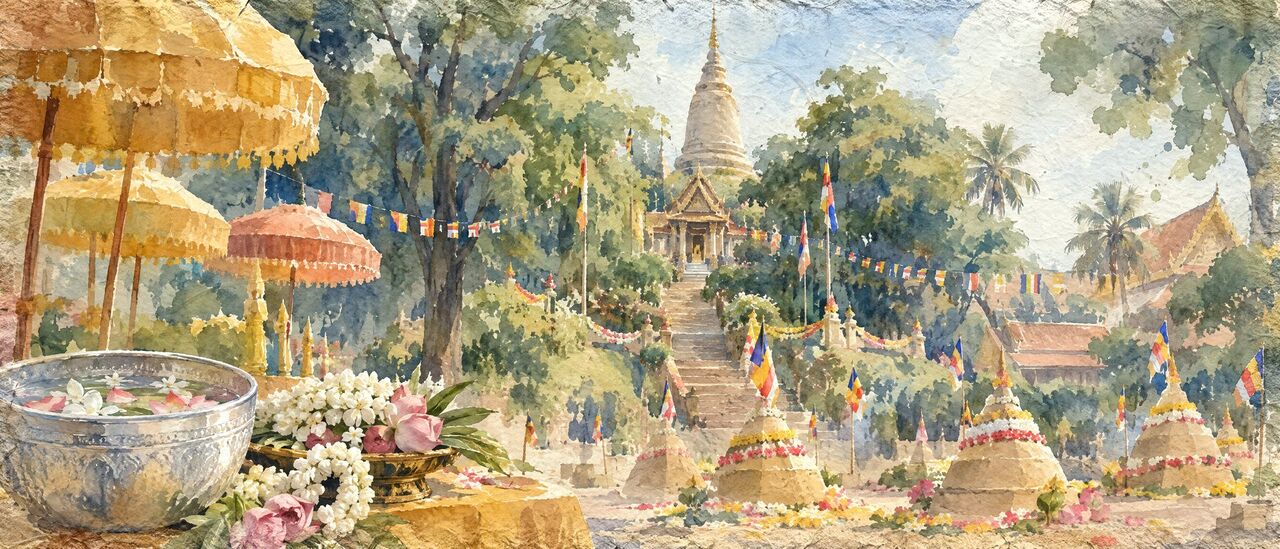 Watercolor of dance headdresses, festival foods, lanterns and a racing-boat prow beside a river