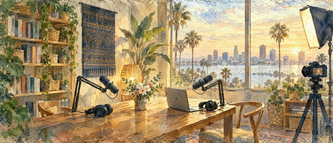 Watercolor of a small home studio with two microphones, headphones, a camera and a chapei lute