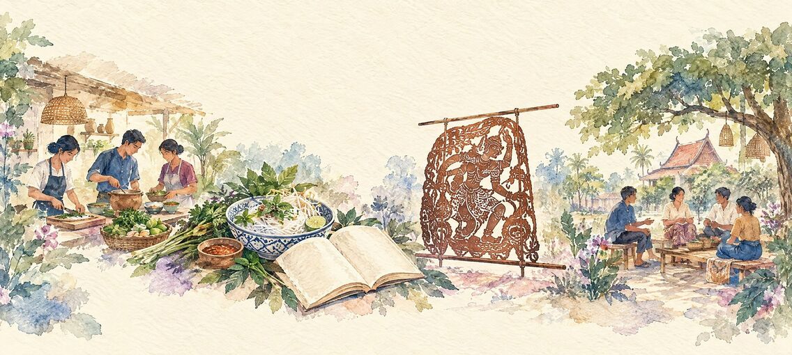 Watercolor of cooks at work, a bowl of noodles with herbs, an open book, a shadow puppet panel and neighbors under a tree