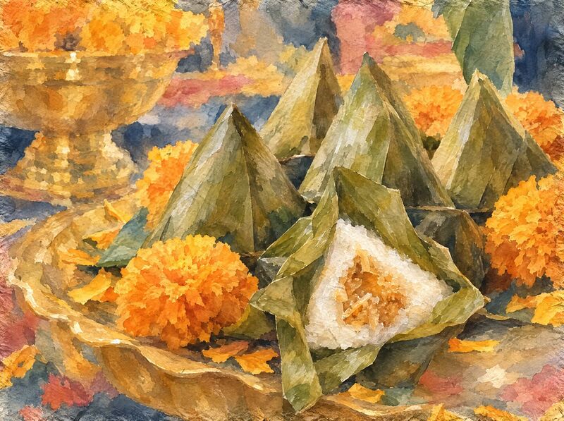 Pyramid-shaped banana-leaf cakes, one opened to show its coconut filling, with marigolds and a gold bowl