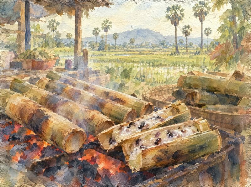 Bamboo tubes of sticky rice and black beans roasting over embers, with rice fields and sugar palms behind