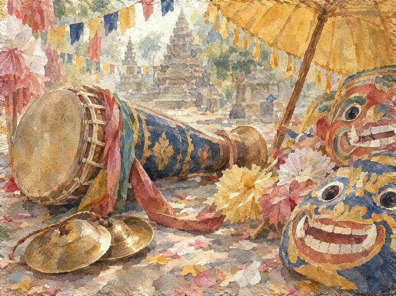 A long chhayam drum, cymbals and festive comic masks laid out for a procession