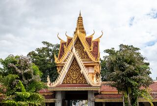 An ornate gold and white gate roof with a spire, between flowering trees.