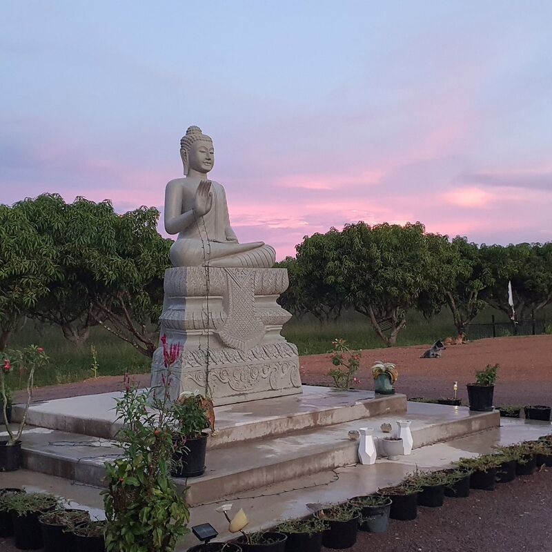 A white stone seated Buddha on a tiered plinth under a pink evening sky, with potted plants around the base.