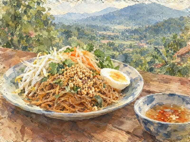 Stir-fried rice noodles topped with crushed peanuts, half an egg, bean sprouts and carrot, with hills behind