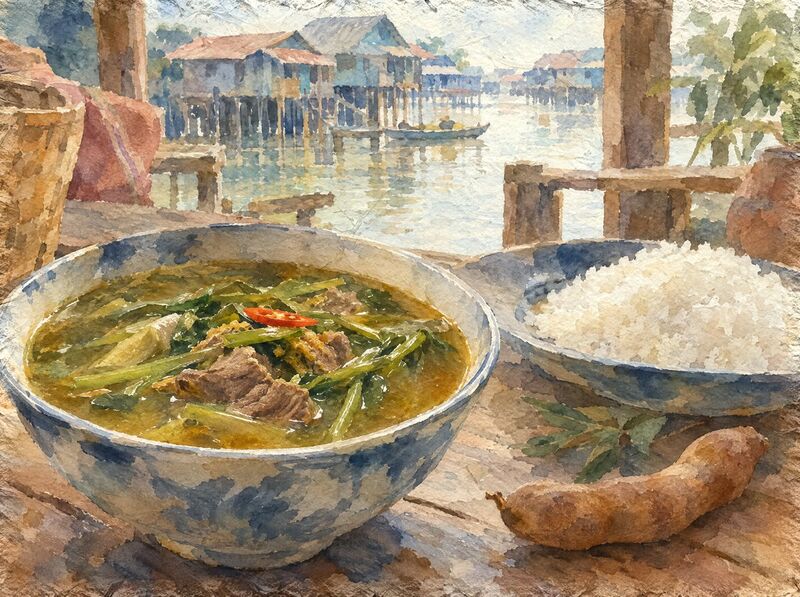 Sour beef soup with morning glory and herbs, with rice and a tamarind pod, stilt houses on the water behind