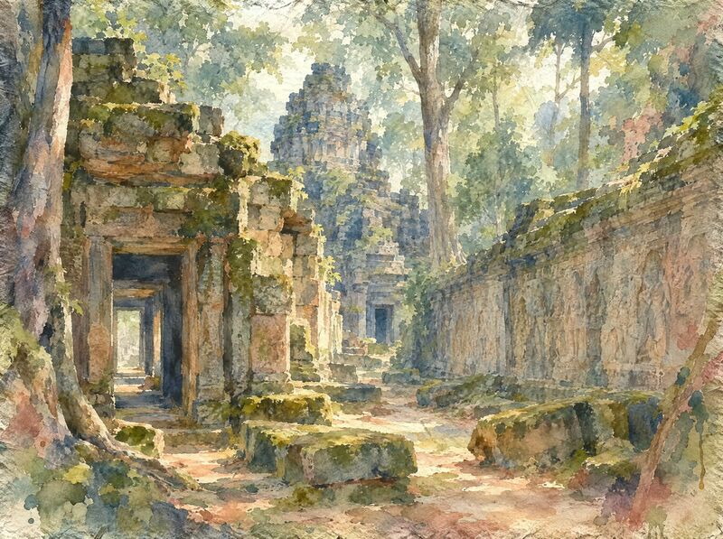 Collapsed sandstone galleries and moss-covered stones in a forest temple