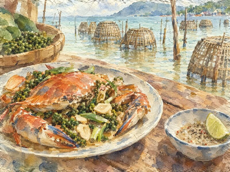 Blue crab stir-fried with green peppercorns, with a pepper-lime dip and crab traps in the sea behind