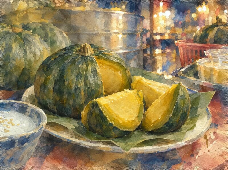A pumpkin custard cut into wedges on a banana leaf, with more pumpkins at a market stall