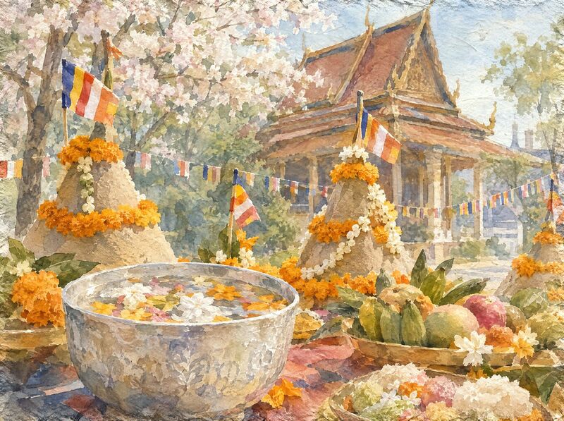 Sand stupas with small flags, jasmine and a silver water bowl in a temple yard in spring