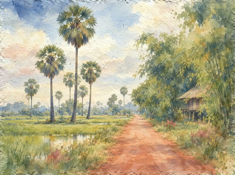 A red earth road between rice fields and tall sugar palms, with a stilt house among the trees