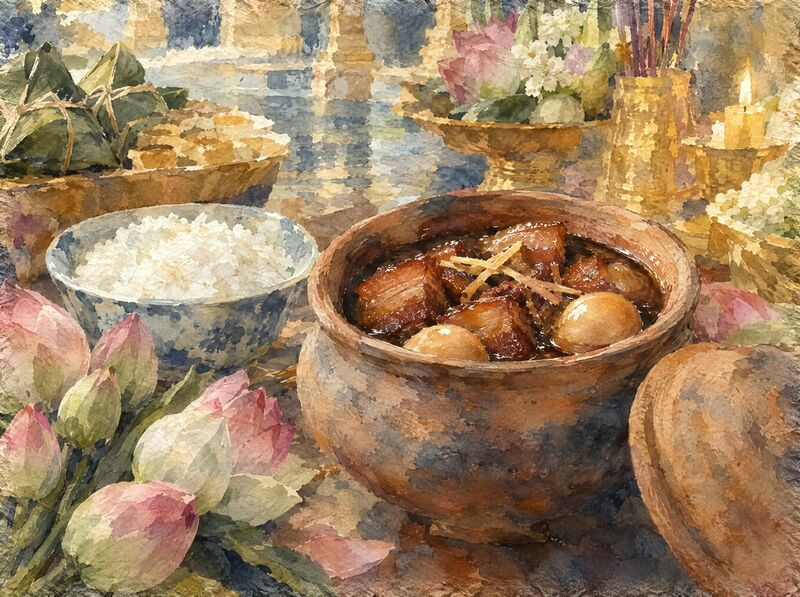 Pork belly and eggs braised in a clay pot, with a bowl of rice, lotus buds and candles