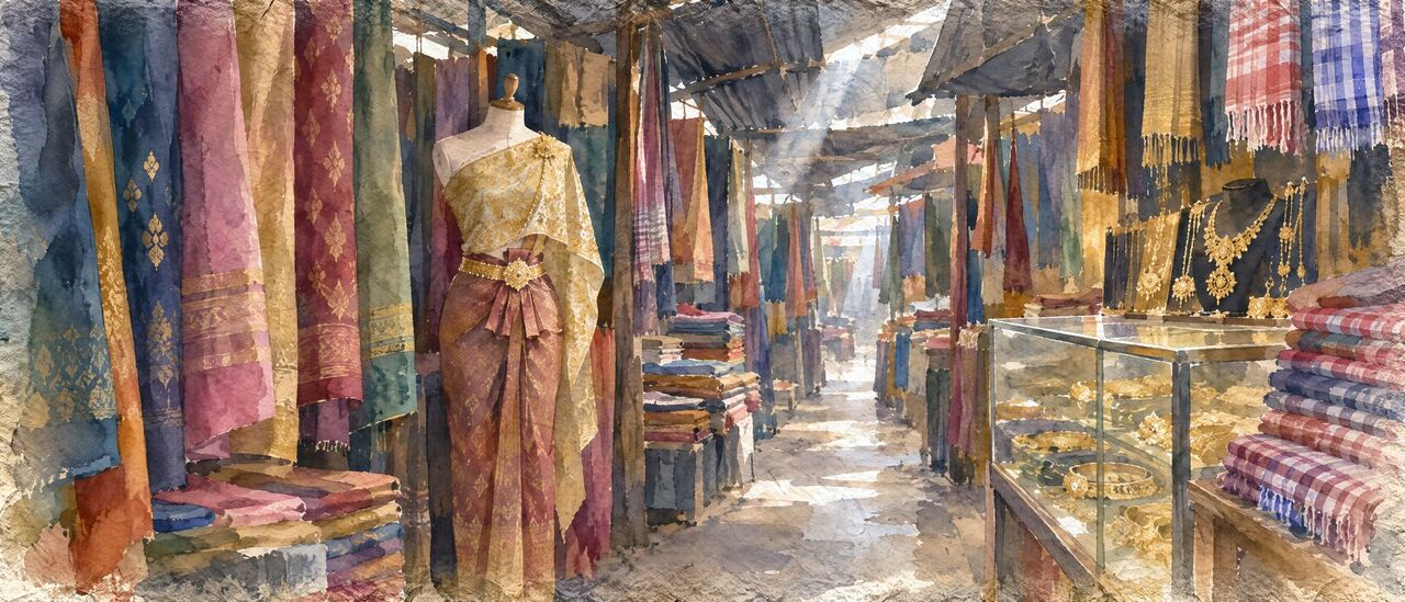 Watercolor of Khmer wedding outfits on dress forms beside folded silk and jewelry