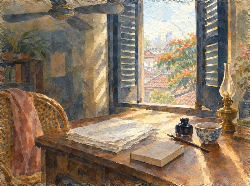 A wooden writing desk in warm morning light beside an open shuttered window, with a stack of loose pages, a plain printed novel, an inkwell with a pen, a teacup and a brass lamp, and a view of tiled roofs and a flame tree