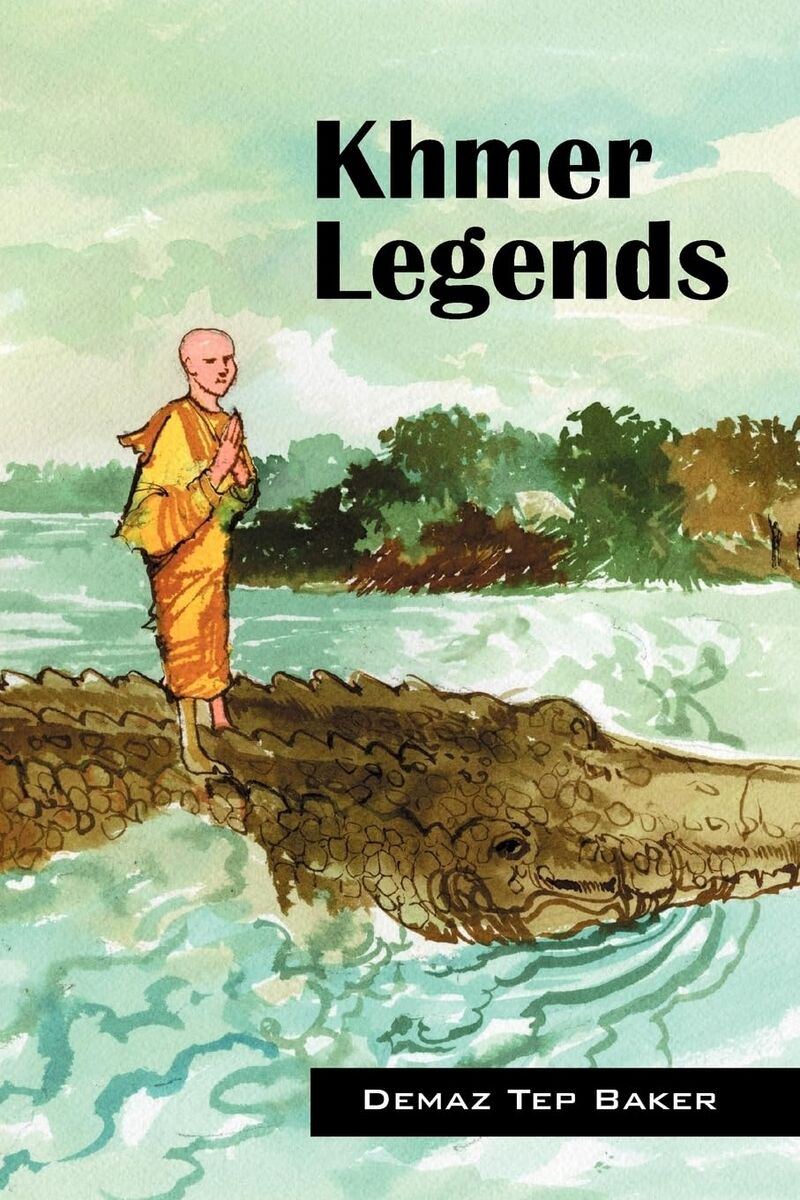 Watercolor cover of a monk in saffron robes standing on a rocky riverbank.
